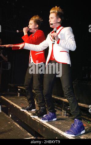 John Grimes and Edward Grimes aka Jedward perform at G-A-Y Heaven in London Stock Photo