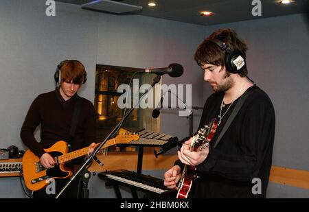 Daniel Conan Moores and Liam Fray of The Courteeners perform at XFM, Global Radio on February 23,,2010. Stock Photo