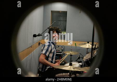 Michael Campbell, drummer of The Courteeners performs at XFM, Global Radio on February 23, 2010. Stock Photo