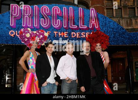 Oliver Thornton, Jason Donovan, John Bowe and the cast of Priscilla Queen of The Desert The Musical celebrates a year in the West End, Palace Theatre, London. Stock Photo