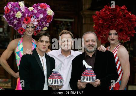 Oliver Thornton, Jason Donovan, John Bowe and the cast of Priscilla Queen of The Desert The Musical celebrates a year in the West End, Palace Theatre, London. Stock Photo