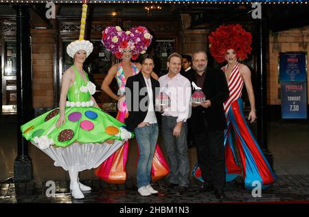 Oliver Thornton, Jason Donovan, John Bowe and the cast of Priscilla Queen of The Desert The Musical celebrates a year in the West End, Palace Theatre, London. Stock Photo