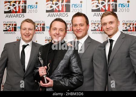 Only Men Aloud pose with the NS&I Album of the Year Award in the Awards Room at the Classical Brit Awards at the Royal Albert Hall, London. Stock Photo