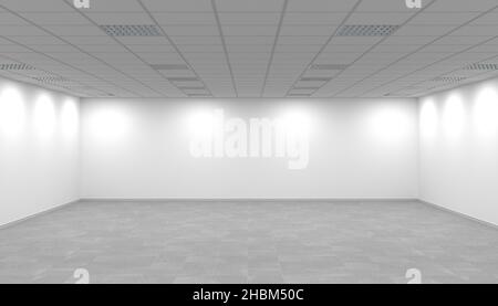 Empty bright office room with white walls and square lights. 3d render Stock Photo