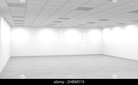 White bright empty office room panorama with square ceiling lights. 3d rendering Stock Photo