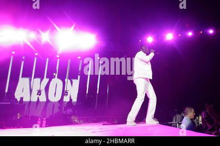 Akon on stage during Capital FM's Jingle Bell Ball at the O2 Arena, London. Stock Photo