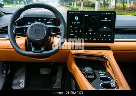 Interior of Zeekr 001 a Chinese electric car on a test drive in Hangzhou, Zhejiang Province, China. Stock Photo