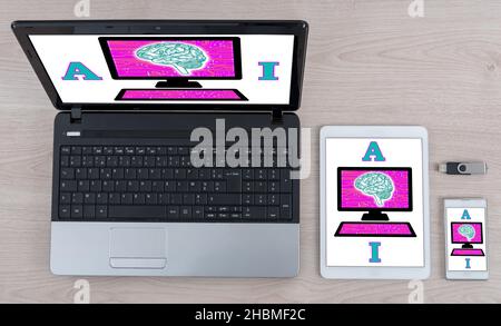 Artificial intelligence concept shown on different information technology devices Stock Photo