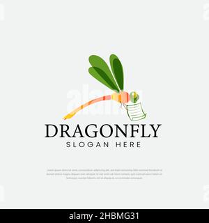 The brightly colored winged dragonfly logo carries a sheet of paper. dragonfly vector logo, symbol, icon, dragonfly illustration, mascot, business log Stock Vector