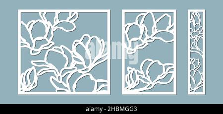 Magnolias flowers pattern. Set, panel for registration of the decorative surfaces. Vector illustration of a laser cutting. Plotter cutting and screen Stock Vector