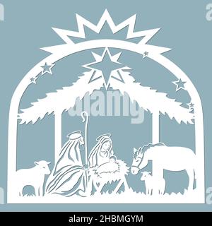 Birth of Christ. Baby Jesus in the manger. Holy Family. Star of Bethlehem - east comet. Merry Christmas card. Template for laser cutting and Plotter. Stock Vector