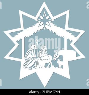 Birth of Christ. Baby Jesus in the manger. Holy Family. Star of Bethlehem - east comet. Merry Christmas card. Template for laser cutting and Plotter. Stock Vector