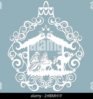Birth of Christ. Baby Jesus in the manger. Holy Family. Star of Bethlehem - east comet. Merry Christmas card. Template for laser cutting and Plotter. Stock Vector