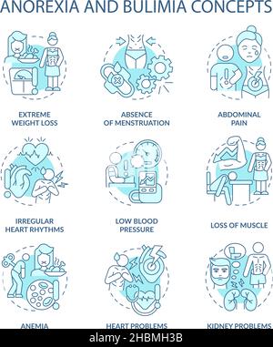 Anorexia and bulimia nervosa turquoise concept icons set Stock Vector