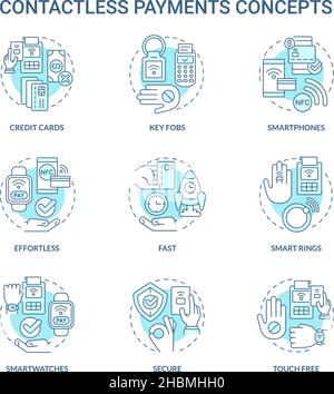 Contactless payments turquoise concept icons set Stock Vector