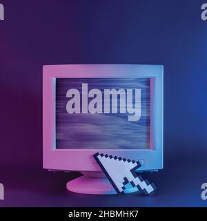 Retro computer monitor with glitch and pixel arrow mouse cursor on neon purple background Stock Photo
