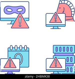 Computer system attacks RGB color icons set Stock Vector