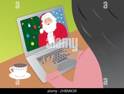 Woman having meeting online with Santa Claus Vector illustration. EPS10. Stock Vector