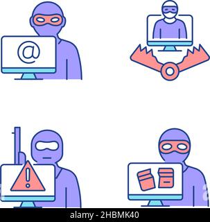 Cyber attacker RGB color icons set Stock Vector