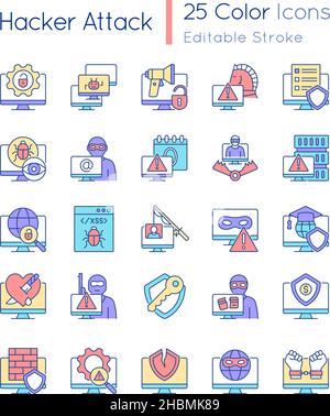 Hacker attack RGB color icons set Stock Vector