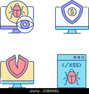 Computer vulnerability exploitation RGB color icons set Stock Vector