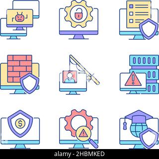 Cybercrime and its prevention RGB color icons set Stock Vector