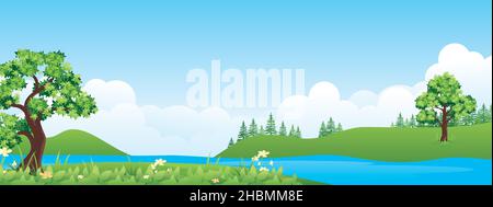 Panoramic landscape cartoon illustration, natural banner, beautiful rural scenery, summer panorama, green highlands, road and lake Stock Vector