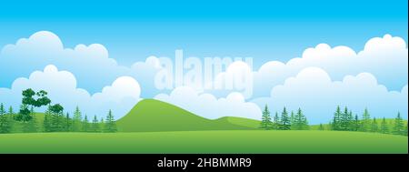 Panoramic landscape cartoon illustration, natural banner, beautiful rural scenery, summer panorama, green highlands, road and lake Stock Vector