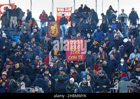 Supporters of Roma show banners and flags during the Italian championship  Serie A football match between SS Lazio and AS Roma on September 26, 2021  at Stadio Olimpico in Rome, Italy 
