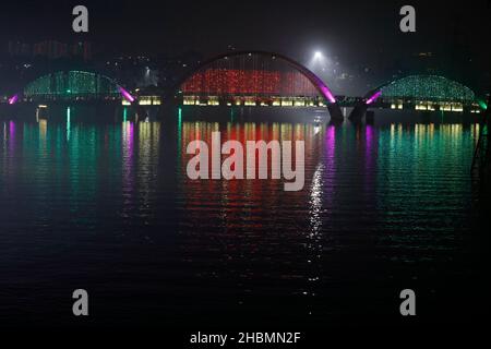 Dhaka, Bangladesh - December 15, 2021: Dhaka's Hatirjheel illuminated on the occasion of the golden jubilee centenary of independence. Stock Photo