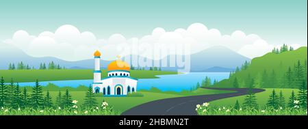 Islamic Panoramic landscape illustration, Ramadan Mubarak natural banner, mosque with beautiful rural scenery. Stock Vector