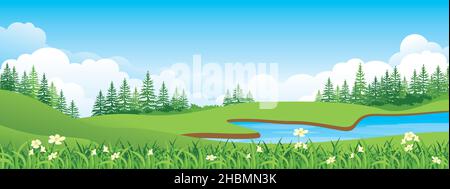 Panoramic landscape cartoon illustration, natural banner, beautiful rural scenery, summer panorama, green highlands, road and lake Stock Vector