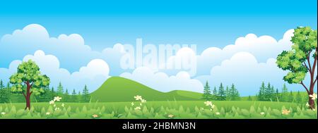 Panoramic landscape cartoon illustration, natural banner, beautiful rural scenery, summer panorama, green highlands, road and lake Stock Vector