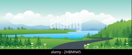 Panoramic landscape cartoon illustration, natural banner, beautiful rural scenery, summer panorama, green highlands, road and lake Stock Vector