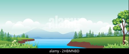 Panoramic landscape cartoon illustration, natural banner, beautiful rural scenery, summer panorama, green highlands, road and lake Stock Vector