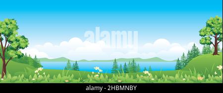 Panoramic mountains landscape cartoon illustration, natural banner, beautiful rural scenery, summer panorama, green highlands, and lake Stock Vector