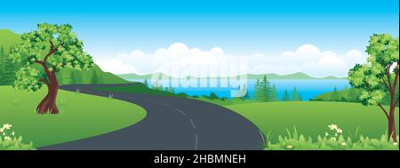 Panoramic mountains landscape cartoon illustration, natural banner, beautiful rural scenery, summer panorama, green highlands, and lake Stock Vector