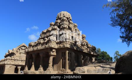 This group of monuments is generally called as 'five rathas' as they resemble the processional chariots of a temple. Statues carved in rock. this is o Stock Photo