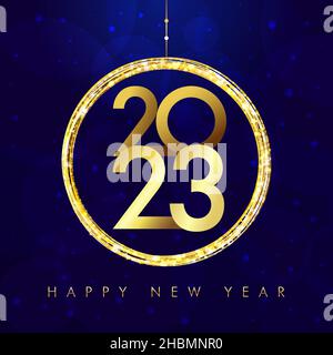 A Happy New Year 2023 creative congrats. Christmas tree decorative ball. Shiny snowy bg, logotype concept. Abstract isolated graphic design template. Stock Vector