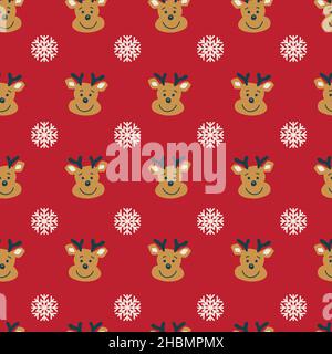 Seamless vector pattern cute reindeer heads. Deer heads and snowflakes isolated on red background, vector illustration. Christmas kids design. Vector Stock Vector