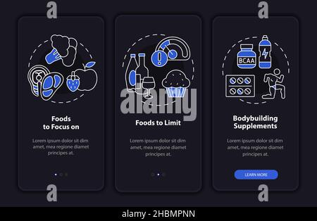 Bodybuilding nutrition night mode onboarding mobile app screen Stock Vector