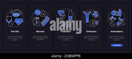 Dietary supplements night mode onboarding mobile app screen Stock Vector