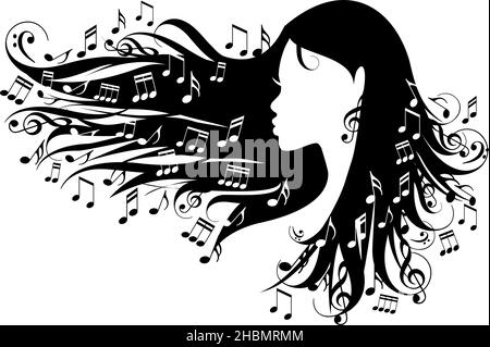 Beautiful black woman with music notes in her long hair, vector illustration on white background Stock Vector