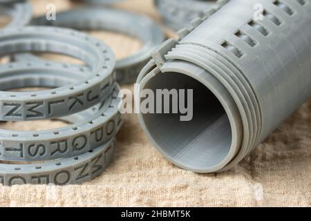 Close-up of plastic cryptex printed on a 3D printer. Printed by FDM technology with gray filament Stock Photo