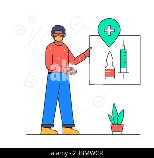Benefits of vaccination - colorful flat design style illustration with line elements on white background. African American man points to a poster with Stock Vector