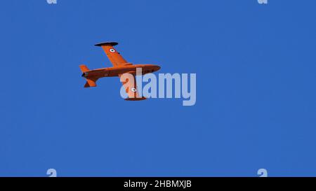 Rivolto del Friuli Italy SEPTEMBER, 17, 2021 High visibility, military jet plane in flight with completely blue sky background. Aermacchi MB-326 by Vo Stock Photo