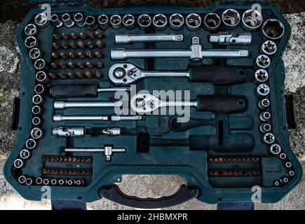 Set of socket wrench in plastic box, set of car repair tools Stock Photo