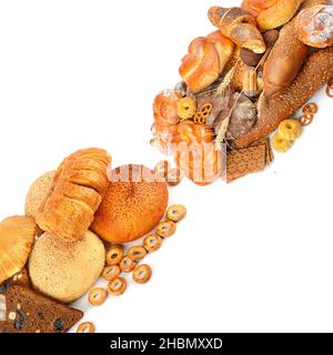 Sweet and fresh bread products in row isolated on white background. Collage. Stock Photo