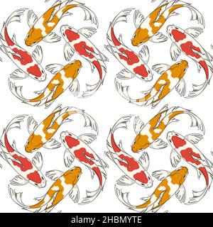 Seamless pattern with red and orange koi fish carps. Colored vector background. Stock Vector