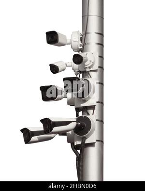 Traffic cameras monitoring the movement of vehicles isolated on white. Clipping path included. Stock Photo